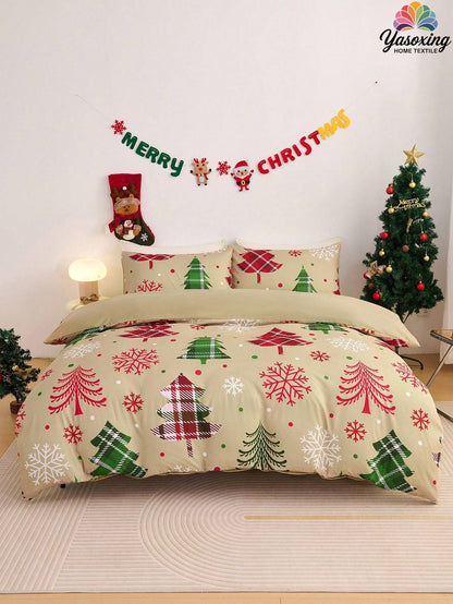 2/3pcs Pink Christmas Snowflake Gift Gingerbread Man Pattern Reversible Color Duvet Cover Bedding Set, Soft Breatheable