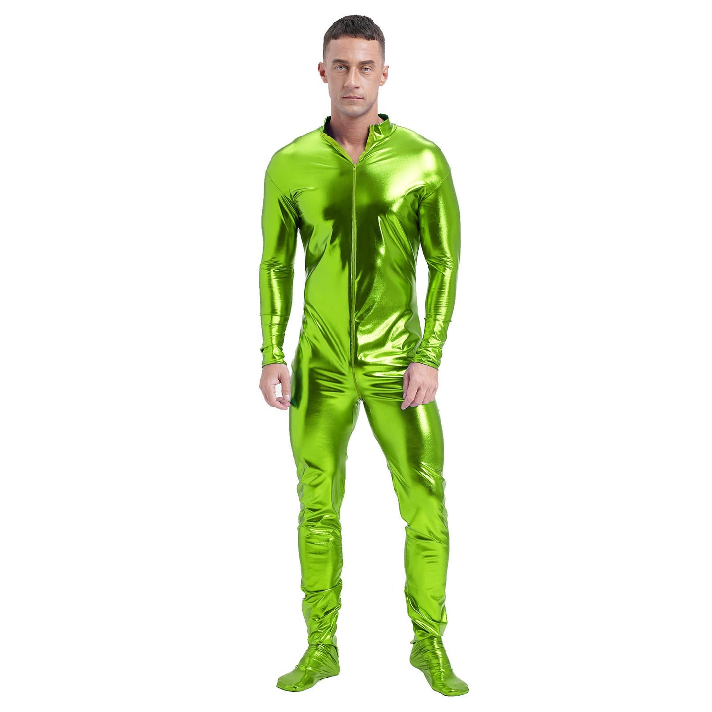 Men's Shiny Metallic Zentai Dress-up Jumpsuit Cosplay Costume Performance Stage Disco Clubwear Full Body Unitard Tights Leotard