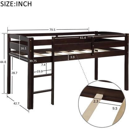 Cama suspensa baixa de madeira tamanho solteiro Espresso com escada