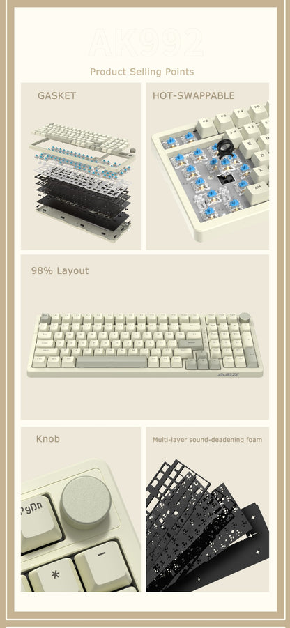 Teclado Mecânico com Fio Ajazz AK992, Layout Completo de 98 Teclas, Hot-Swap, Teclado USB para Jogos, Botão de Tecla Multimídia para Desktop PC Laptop