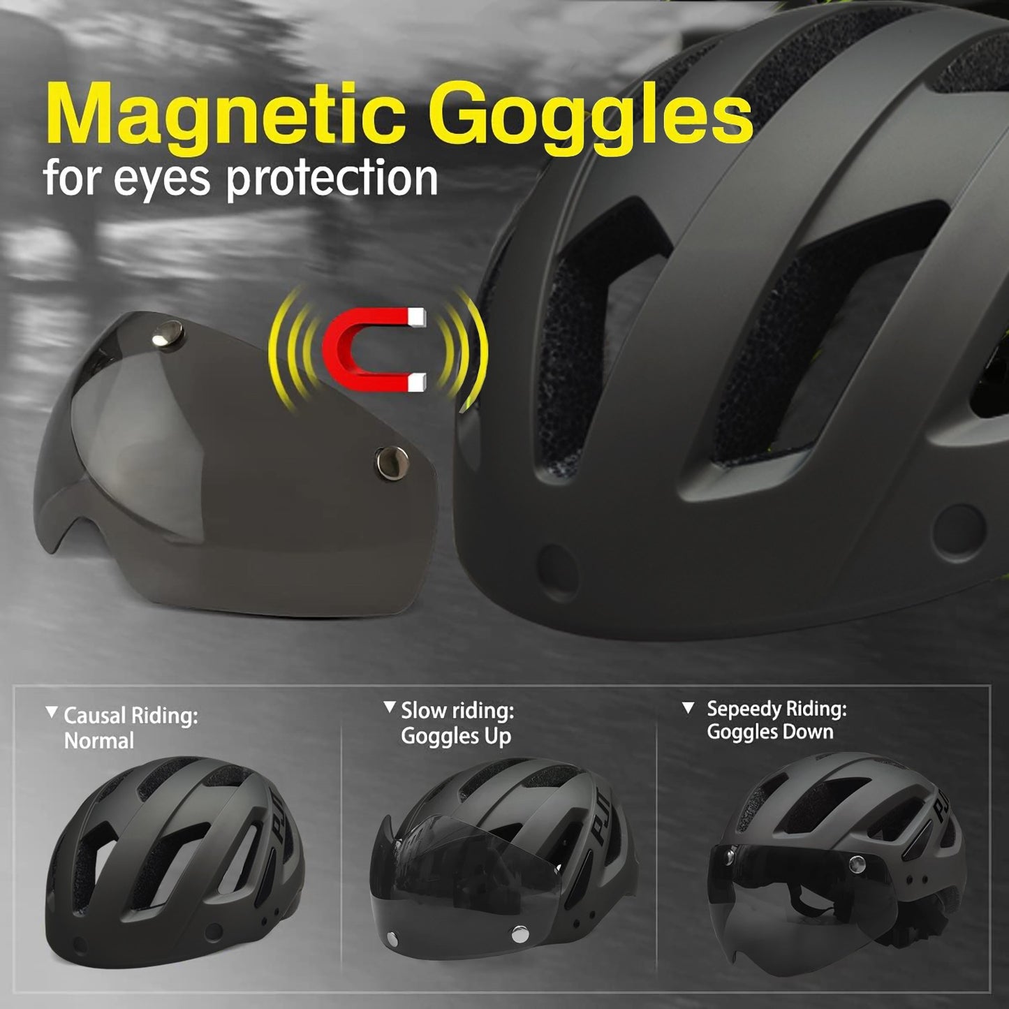 PJT Adult Bike Helmet With Rechargeable LED Rear Light Dual Mode Goggle Cycling Helmet MTB Lightweight Breathable Bicycle Helmet