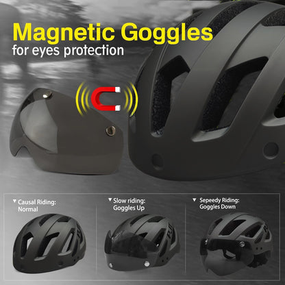 PJT Adult Bike Helmet With Rechargeable LED Rear Light Dual Mode Goggle Cycling Helmet MTB Lightweight Breathable Bicycle Helmet