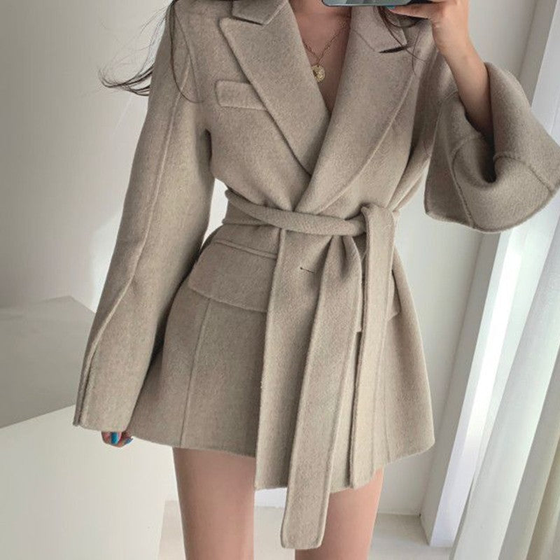 Retro Chic Autumn Winter Woolen Coat One Button Long Sve Suit Collar Waist Cinched Side Slit Warm Knitwear for Women