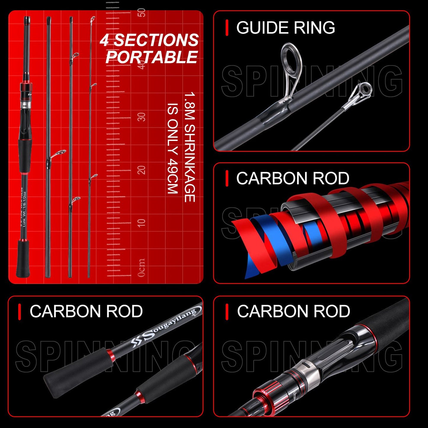 Sougayilang Vara de Pesca 1,8~2,1m Fibra de Carbono Spinning Casting Lure Rod Max Drag 10kg para Pesca de Baixo Achigã Truta Caña De Pescar