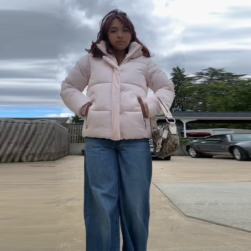 Pink Women's Jacket With Hat Zipper Pockets Inner Faux Fur Solid Female Jackets 2025 Autumn Winter Fashion Chic Lady Outwears