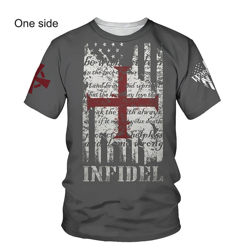 Crusader Knights Templar 3D Harajuku Print Handsome Retro Taste Fashion Personality Street Men's Round Neck Short Sleeve T-shirt