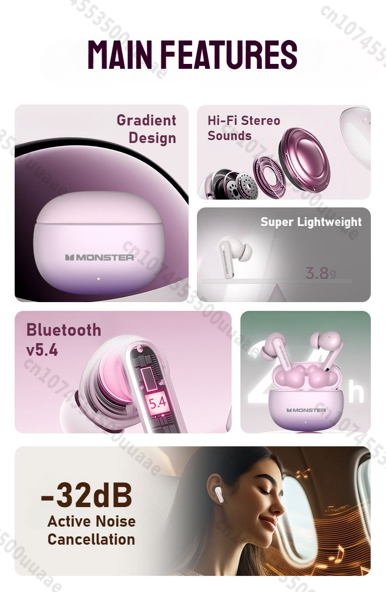 Monster AuraFit XT02 ANC Bluetooth Earphone -32dB Active Noise Canceling Earbuds Hi-fi Stereo Wireless Bluetooth 5.4 Headphone