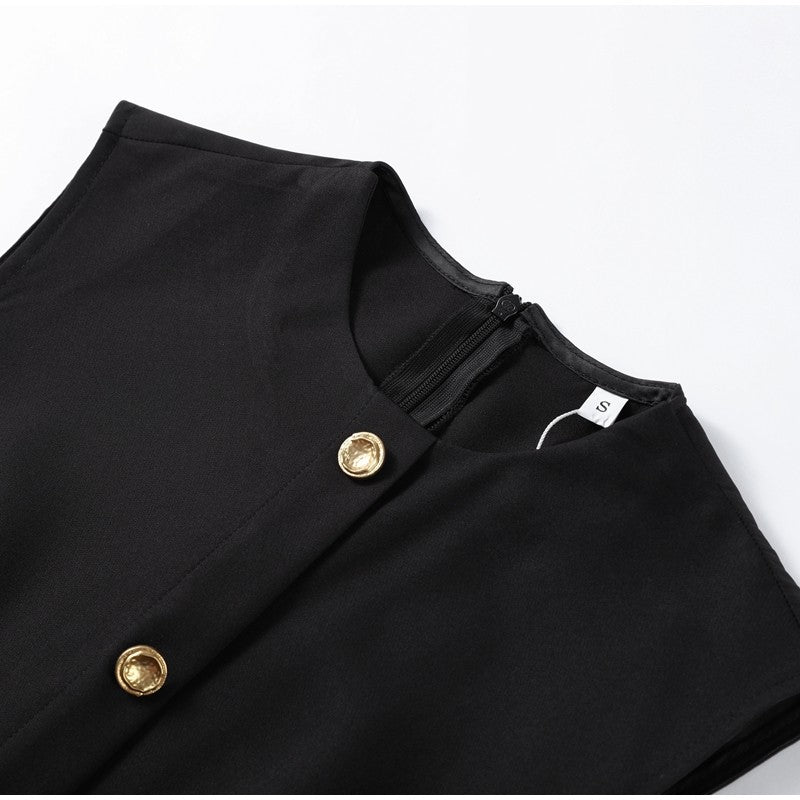 Elegant Midi Dress Woman O-neck Single Breasted Sleeveless Pocket Dresses Female