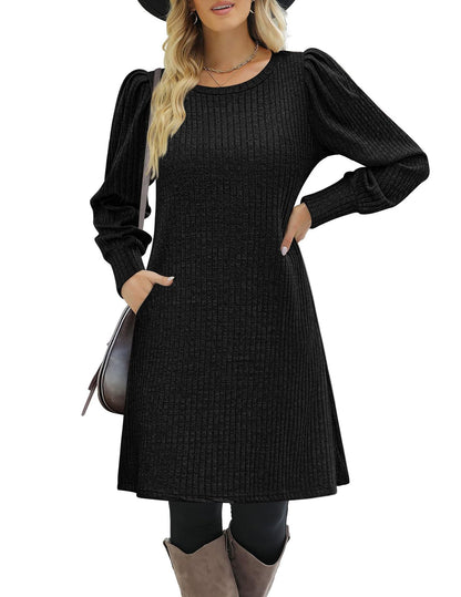 Y2K autumn and winter women's crew neck solid color sweater bubble sleeve fashion commuter dress comfortable casual loose dress