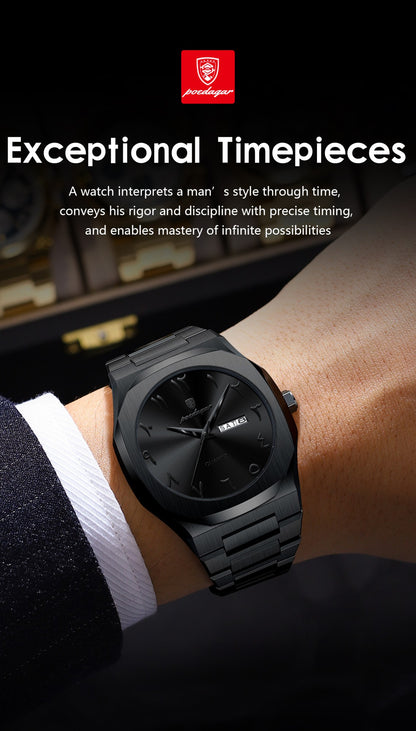 POEDAGAR Fashion High Quality Men Clock Date Week Waterproof Watch For Man Quartz Stainless Steel Luxury Men's Watches Reloj+Box