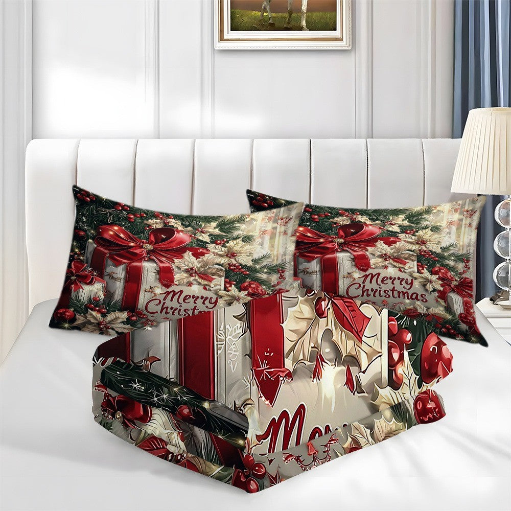 Conjunto de Cama de Natal Laço Vermelho Flores Estampadas Capa de Edredom Aconchegante Tamanho King Queen Solteiro Presente de Ano Novo Natal Decoração de Quarto