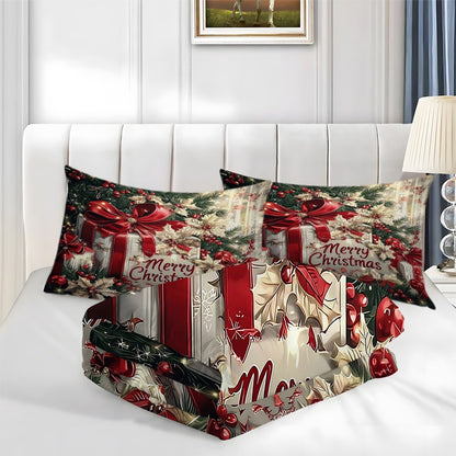 Conjunto de Cama de Natal Laço Vermelho Flores Estampadas Capa de Edredom Aconchegante Tamanho King Queen Solteiro Presente de Ano Novo Natal Decoração de Quarto