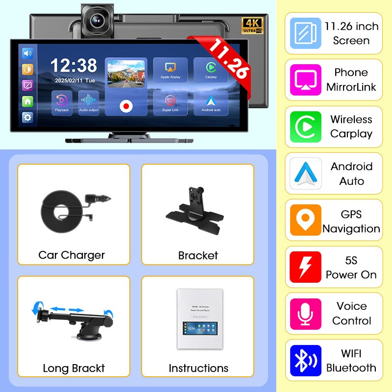 Develuck NEW 11.26 inch 4K DVR Wireless CarPlay and Android Auto Portable Dash Cam Car Screen Video Recorder 5G WIFI Navigation