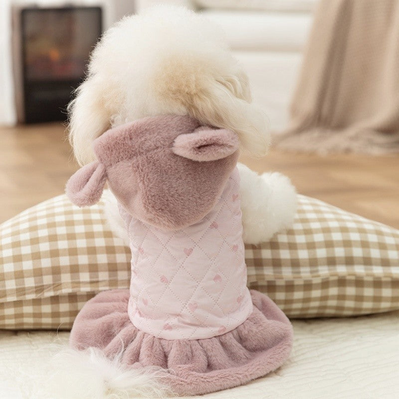 Casaco de Inverno Quente para Cães Vestido Fofo Roupas Macias para Cães Moda Algodão Casaco de Cachorro com Estampa de Coração Casaco para Gatos Bichon Fantasia para Pets