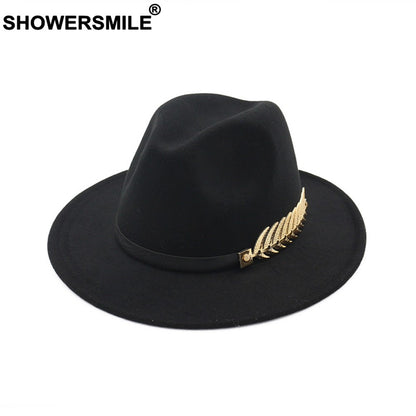 SHOWERSMILE Burgundy Women Fedora Hat Winter Female Wool Felt Hat Leaf Large Brim British Style Retro Jazz Cap Accessories