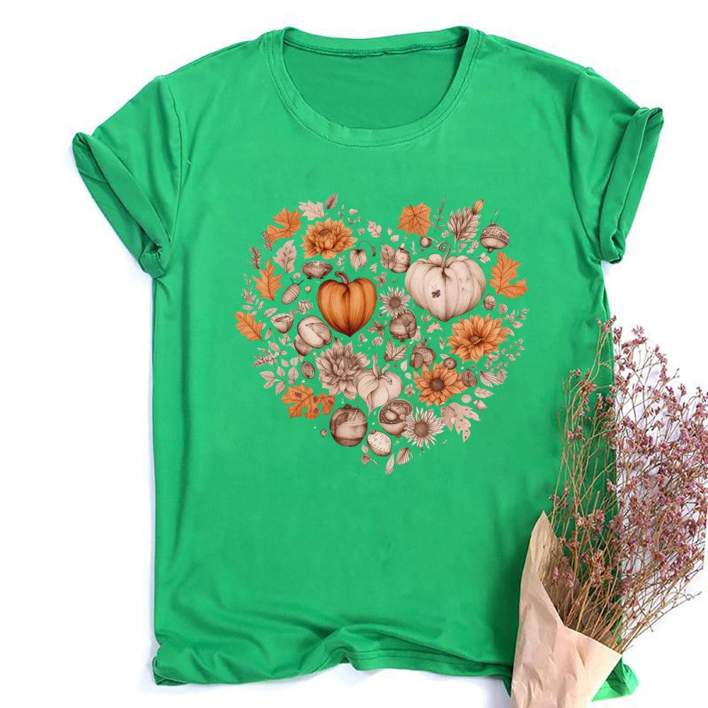 Fall Heart Women's Fall Shirt Pumpkin Season Short Sleeves Thanksgiving Halloween Party Shirts Fashion Women T-shirt Clothes