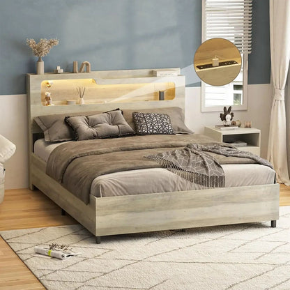 [Oferta por Tempo Limitado + Frete Grátis!] Cama Queen Size com Baú e Estação de Carregamento, Cabeceira de 2 Níveis