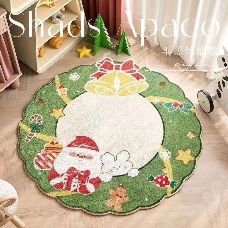 VIKAMA Christmas Winter Warm Round Rug For Living Room, Bedroom, Side Of Bed, Anti-Slip Hat Stand Pad, Holiday Home Decoration