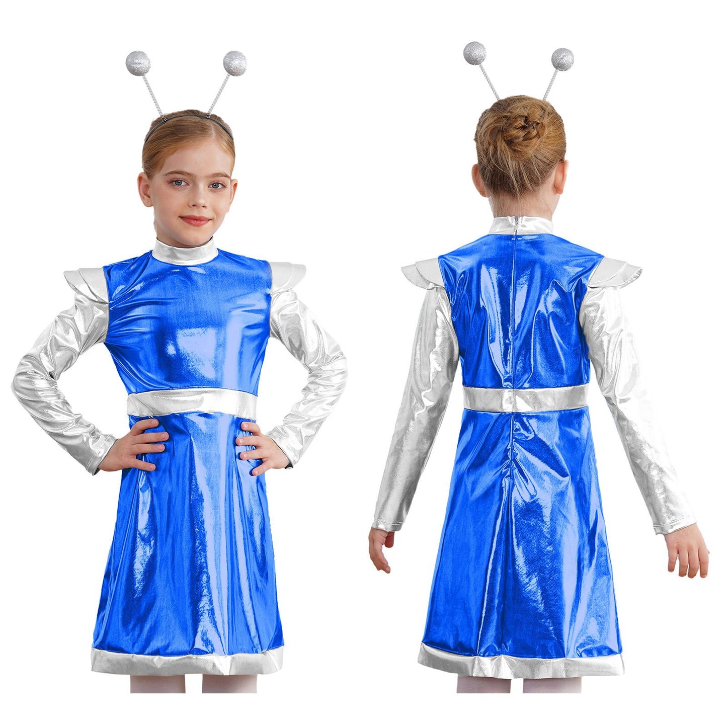 Kids Alien Cosplay Costume Outfits Boys Girls Metallic Shiny Alien Jumpsuit Halloween Full Length Bodysuit with Hair Hoop Suit