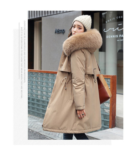 Women Winter Parka Warm Hooded Long Sleeve Zipper Thick Jackets Fur Collar Fleece Drawstring Long Coat Casual Streetwear Outwear
