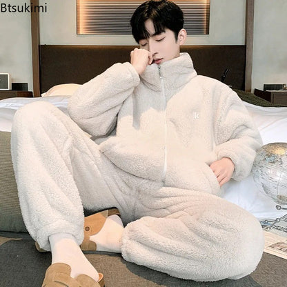 New Men's High Neck Large Size Loose Plush Loungewear Autumn and Winter Thick Warm Flannel Pajamas Can Worn Outside Coral Fleece