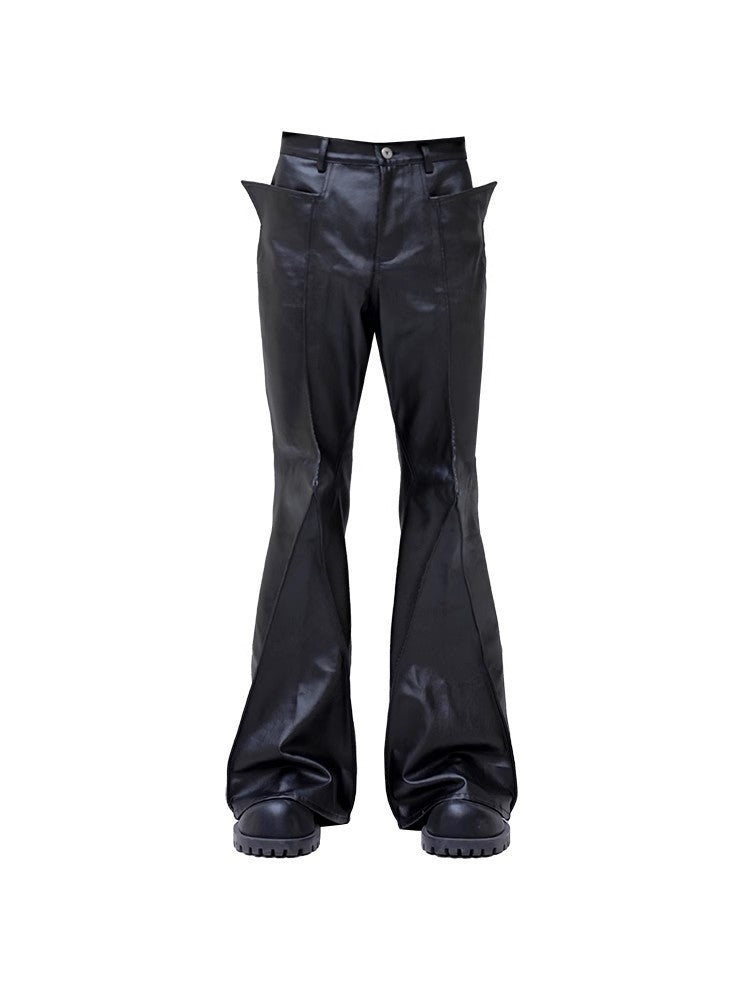 Mauroicardi Autumn Long Black Waterproof Hard Pu Leather Flare Pants Men Cool Luxury Designer Clothes Streetwear Runway Fashion