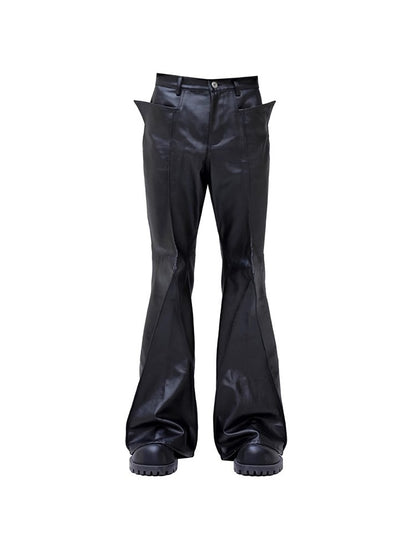 Mauroicardi Autumn Long Black Waterproof Hard Pu Leather Flare Pants Men Cool Luxury Designer Clothes Streetwear Runway Fashion