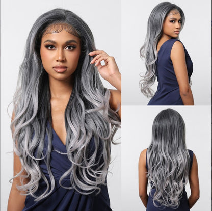 HENRY MARGU Peruca Sintética Lace Front 13x6 Peruca Longa Castanho Cinza Cabelo Ondulado Natural para Uso Diário Peruca de Fibra de Alta Temperatura