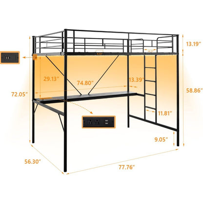Cama Loft de Metal Tamanho Completo com Escrivaninha Embutida, 2 Estações de Carregamento, Luzes LED e Grades de Proteção para Crianças, Adolescentes e Adultos