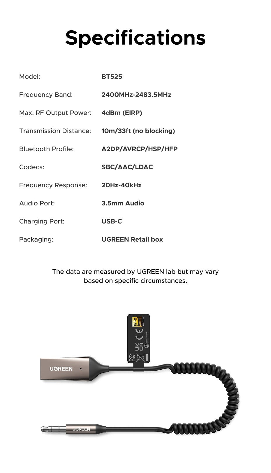 UGREEN Bluetooth 6.0 5.4  Aux Wireless Car Bluetooth USB to 3.5mm Jack Audio Mic Handsfree Adapter for Car Speaker