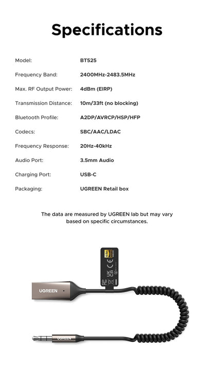 UGREEN Bluetooth 6.0 5.4  Aux Wireless Car Bluetooth USB to 3.5mm Jack Audio Mic Handsfree Adapter for Car Speaker