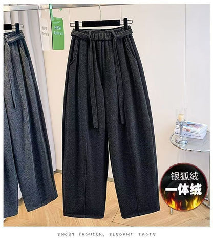 2025 Autumn Winter New All-match Fashionable Solid Color Elastic Waist Wide Leg Pants Women Clothes Casual Drawstring Trousers