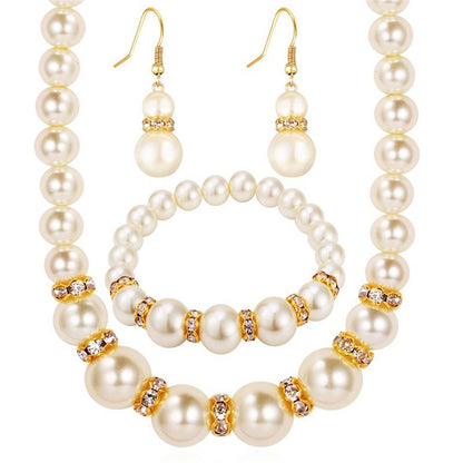 Conjunto 3 em 1 Elegante Colar, Brincos e Pulseira de Pérolas Simuladas Colar Longo Joias de Casamento para Noivas Presente