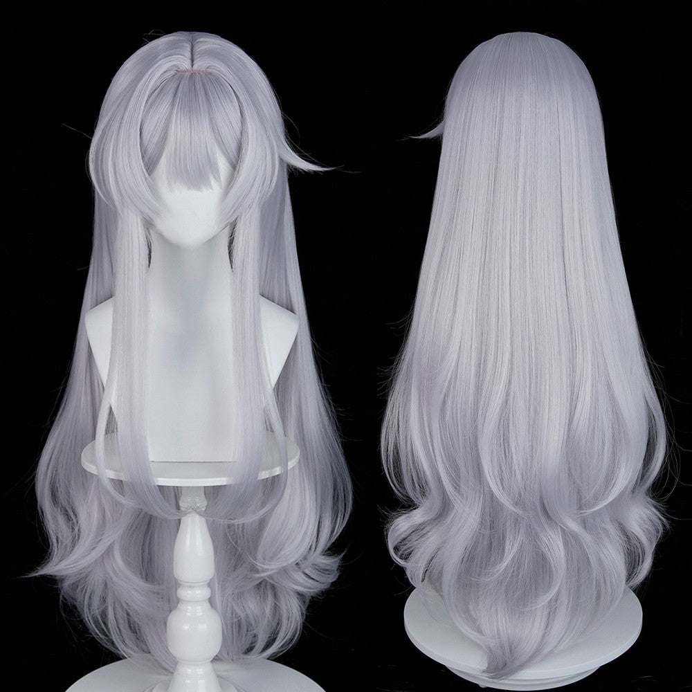 Long Wavy Silver Synthetic Wigs with Bangs Anime Game Cosplay Fluffy Heat Resistant Wig for Daily Party