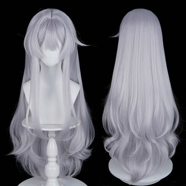 Long Wavy Silver Synthetic Wigs with Bangs Anime Game Cosplay Fluffy Heat Resistant Wig for Daily Party