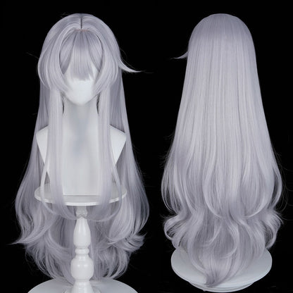 Long Wavy Silver Synthetic Wigs with Bangs Anime Game Cosplay Fluffy Heat Resistant Wig for Daily Party
