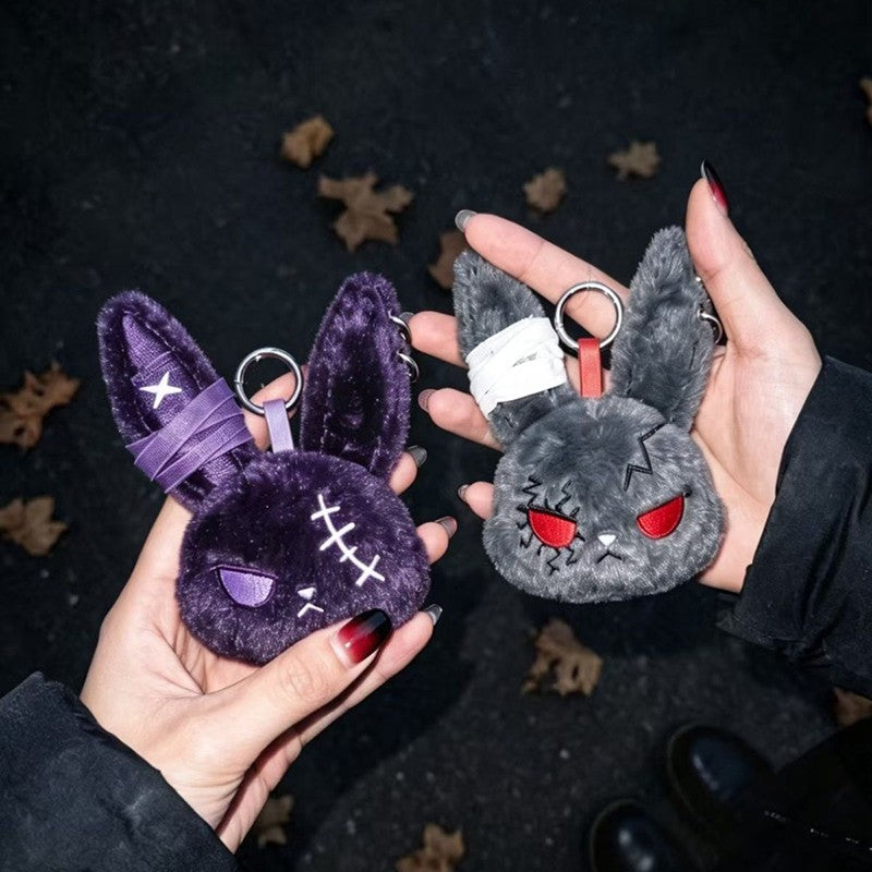 Gothic Bunny Plush Keychain Rabbit Bag Charm Bandage Rabbit Pendant Dark Horror Bunny Doll Keyring Bag Charm Halloween Gifts