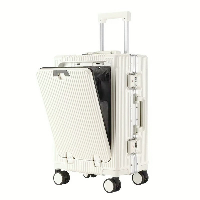 Suitcase Front Opening Pocket Aluminum Alloy Frame Rolling Luggage with USB Charging Plug Trolley Carry-on Case Bag with Wheel