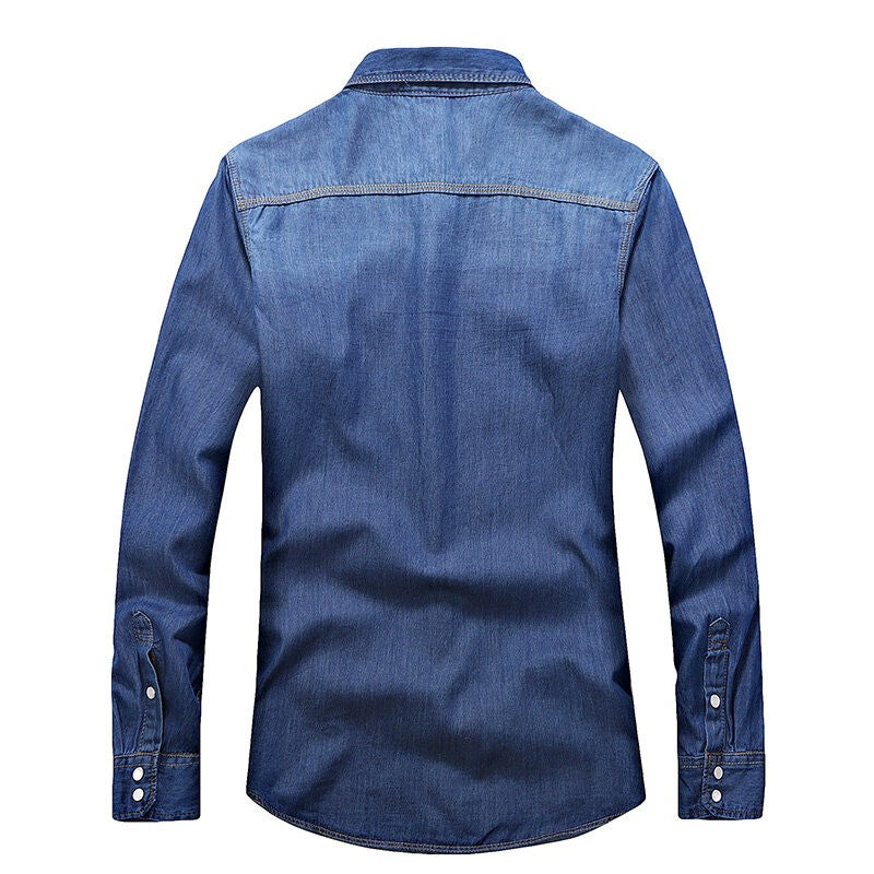 2025 Spring Men Slim Fit Denim Shirts Men Casual Solid Color Long Sleeve Cotton Shirts Male Jeans Shirt Fashion Cowboy Shirt 4XL