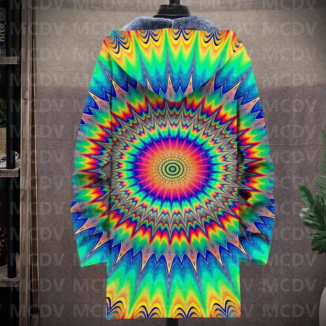 Men's Retro Print Plush Thick Long-Sleeved Coat Cardigan Psychedelic 3D Prined Fleece Hooded Overcoat Unisex Thick Warm Jacket