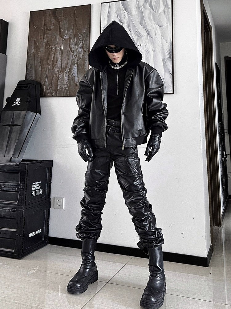 Mauroicardi Spring Autumn Cool Long Ruched Soft Black Pu Leather Stacked Pants for Men Luxury Designer Cyberpunk Rock Clothes