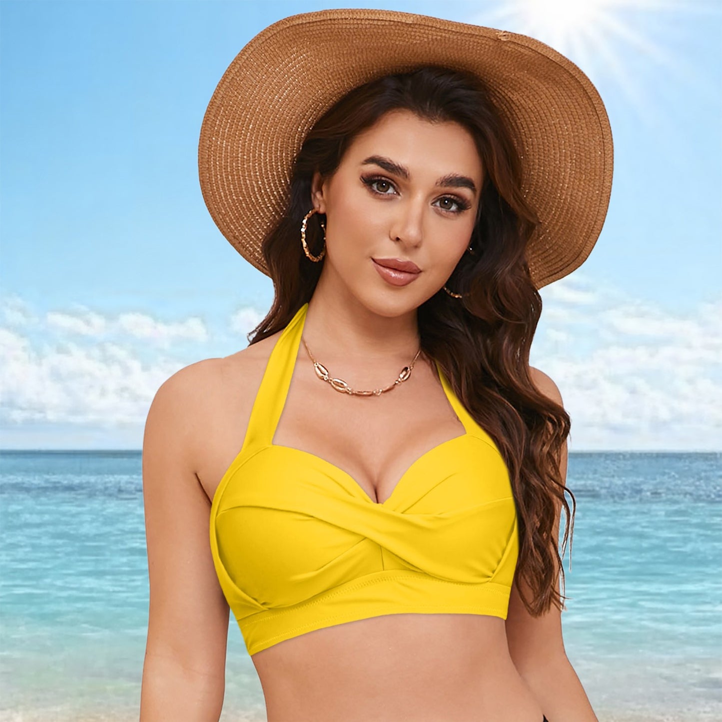 Halter Neck Push Up Bikinis Tops Women 2025 New Chest Padded Solid Swimwears Bikinis Top For Women Summer Beach Bathing Suit