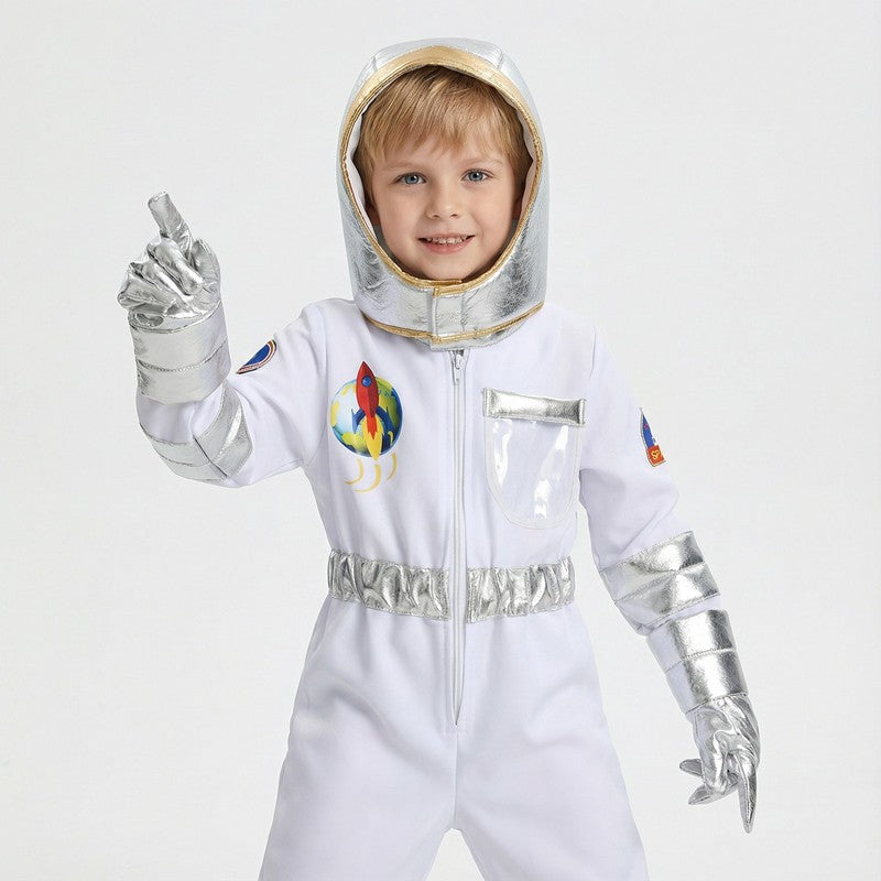 Child Spaceman Costume Halloween Party Outfit with Cap Astronaut Role Play Costume for Kids Boys & Girls Carnival Party
