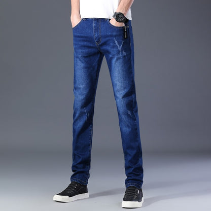 Men Winter Thermal Jeans Snow Warm Stretch Straight Jeans Man Fleece Denim Long Pants Cool Narrow Leg Slim Fit Blue Trousers