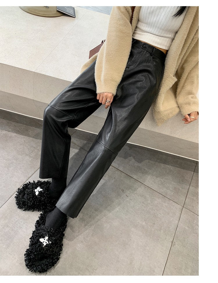 Autumn Winter PU Leather Vintage Women's Ankle Length Pants 2024 New High Waist Zipper Black Straight Pants Female Pockets
