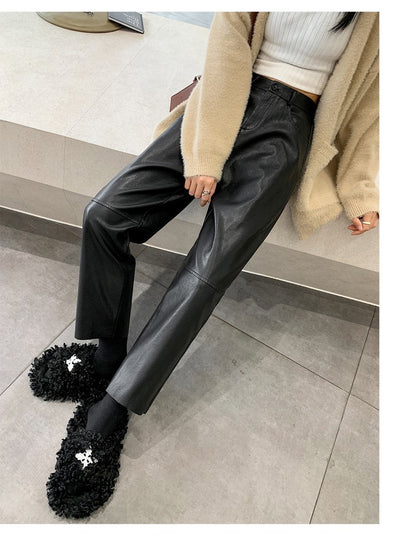 Autumn Winter PU Leather Vintage Women's Ankle Length Pants 2024 New High Waist Zipper Black Straight Pants Female Pockets