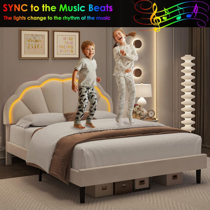 Base de Cama Estofada Inteligente com LED e Cabeceira Ajustável em Pétala Chique, Camas de Plataforma de Tamanho Casal Princesa para Cri