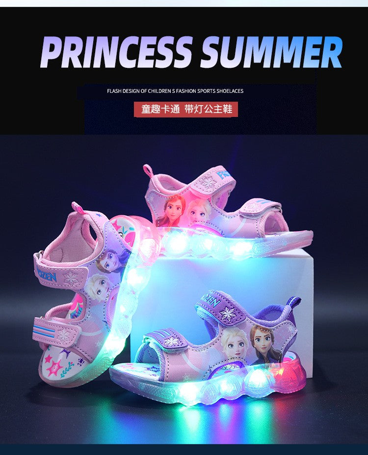 Disney Boys Girls Frozen Elsa Princess Led Light Up Luminous Sports Sandals Summer Kids Sandals Non-slip Toddler Shoes