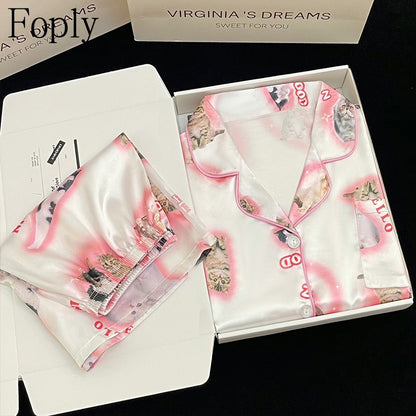 Pyjama Summer New Ladies Sweet Satin Silk Floral Printed Pajamas Set Short Sleeve+Pants Women Ice Silk Cute Homewear Casual Wear