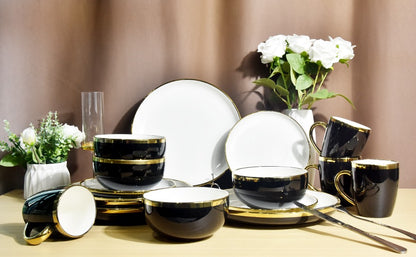 Black Ceramic Dinnerware Sets for 4, 16-Piece Contrast Plates and Bowls Set with Gold Rim, Crack Resistant | Dishwasher & Freeze